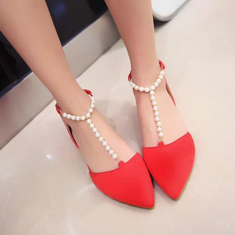 Women Solid Color Pointed Toe Pearls Beading Flat Sandals