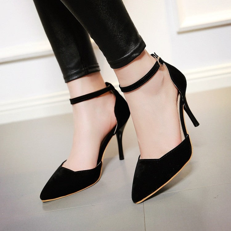 Women Suede Pointed Toe Ankle Strap Stiletto High Heel Sandals