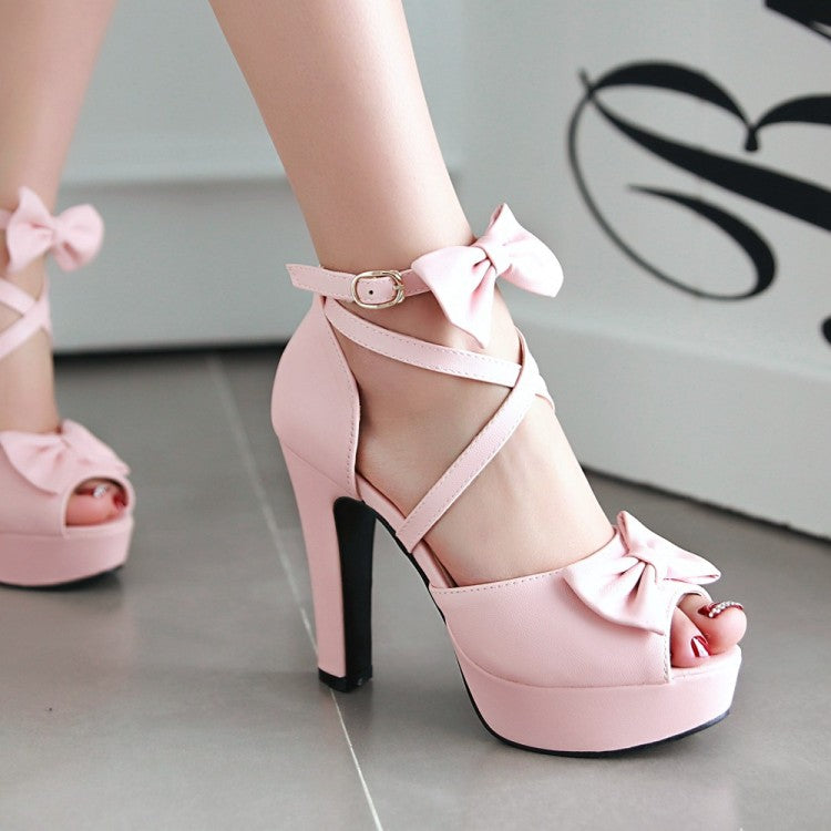 Women Solid Color Peep Toe Butterfly Knot Cross Ankle Strap High Heel Platform Sandals