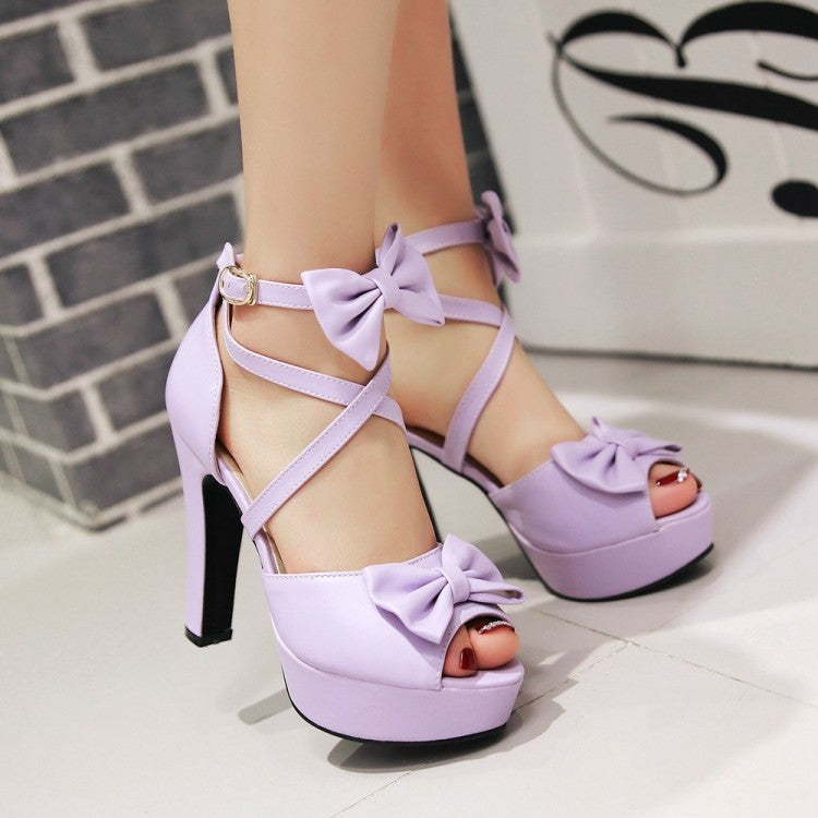 Women Solid Color Peep Toe Butterfly Knot Cross Ankle Strap High Heel Platform Sandals