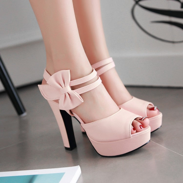 Women Solid Color Double Ankle Strap Butterfly Knot High Heel Platform Sandals
