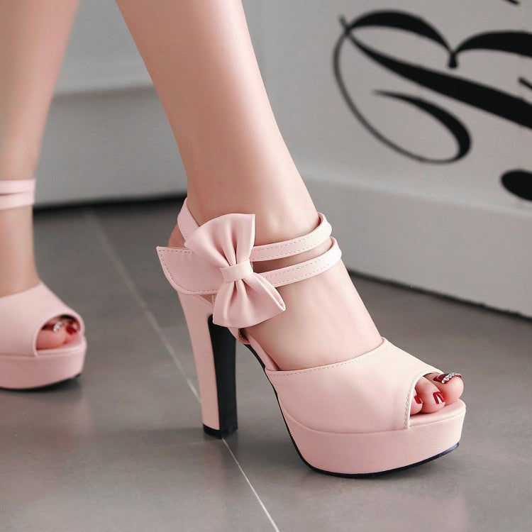 Women Solid Color Double Ankle Strap Butterfly Knot High Heel Platform Sandals