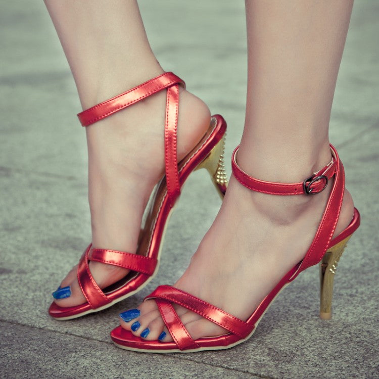 Women Glossy Cross Strap Stiletto High Heel Sandals