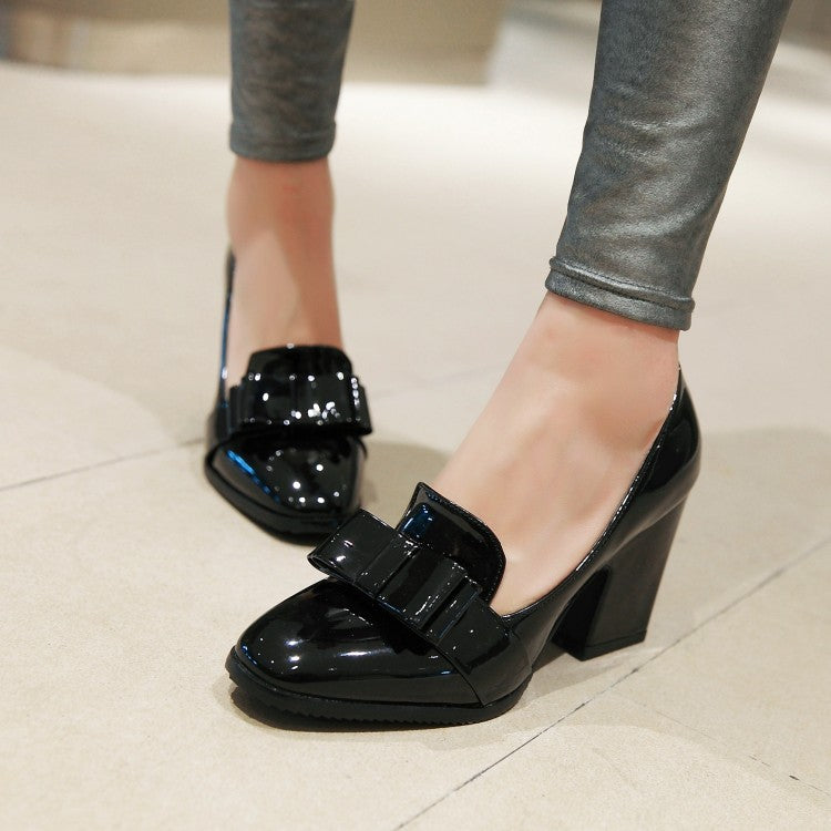 Woman Patent Leather Bow High Heel Chunky Pumps