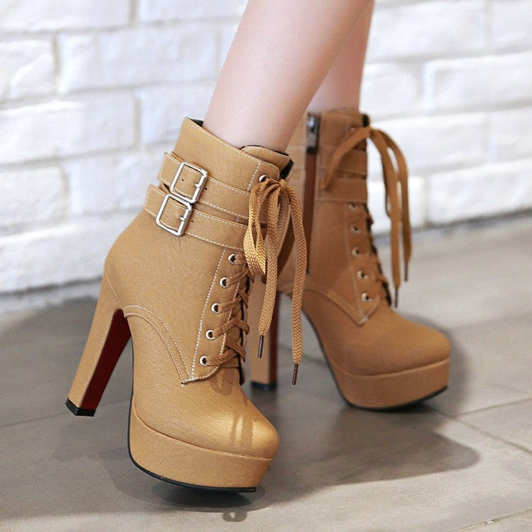 Women Pu Leather Round Toe Tied Belts Buckles Chunky Heel Platform Short Boots