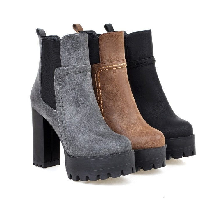 Women Frosted Pu Leather Round Toe Block Heel Platform Short Boots