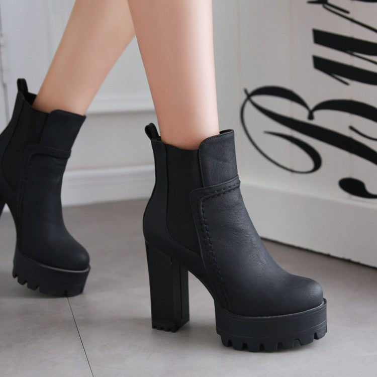 Women Frosted Pu Leather Round Toe Block Heel Platform Short Boots