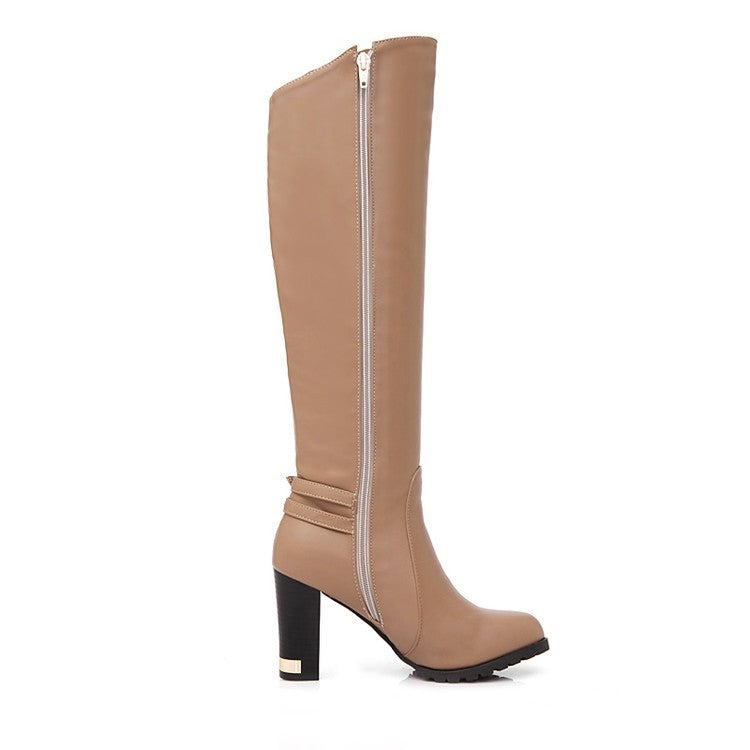 Women Pu Leather Round Toe Belts Buckles Chunky Heel Knee High Boots