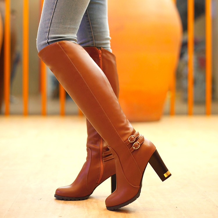 Women Pu Leather Round Toe Belts Buckles Chunky Heel Knee High Boots