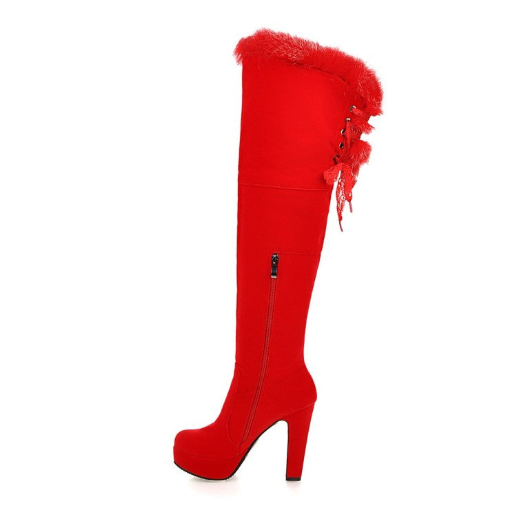 Women Suede Round Toe Fur Zipper Platform Chunky Heel Knee High Boots