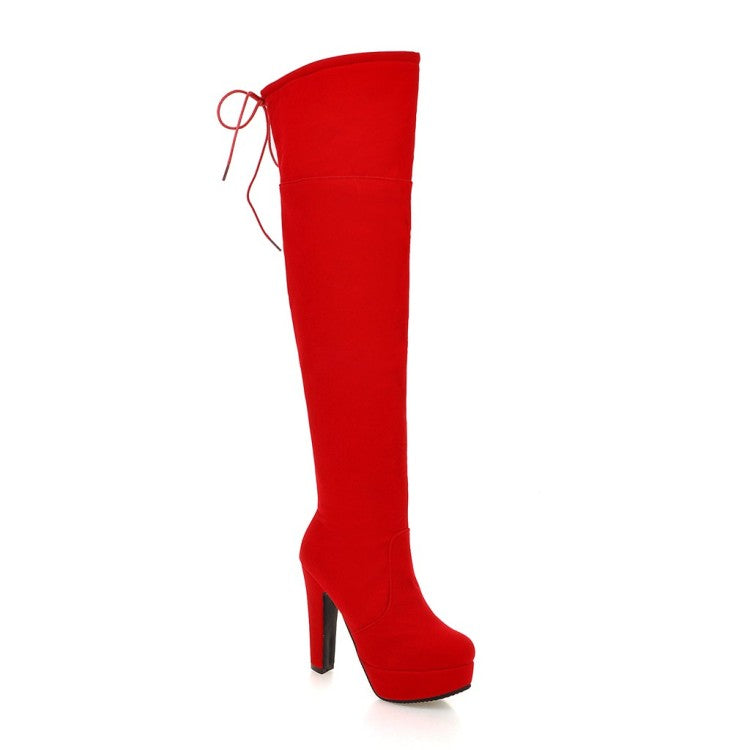 Women Suede Round Toe Back Tied Side Zipper Platform Chunky Heel Over the Knee Boots