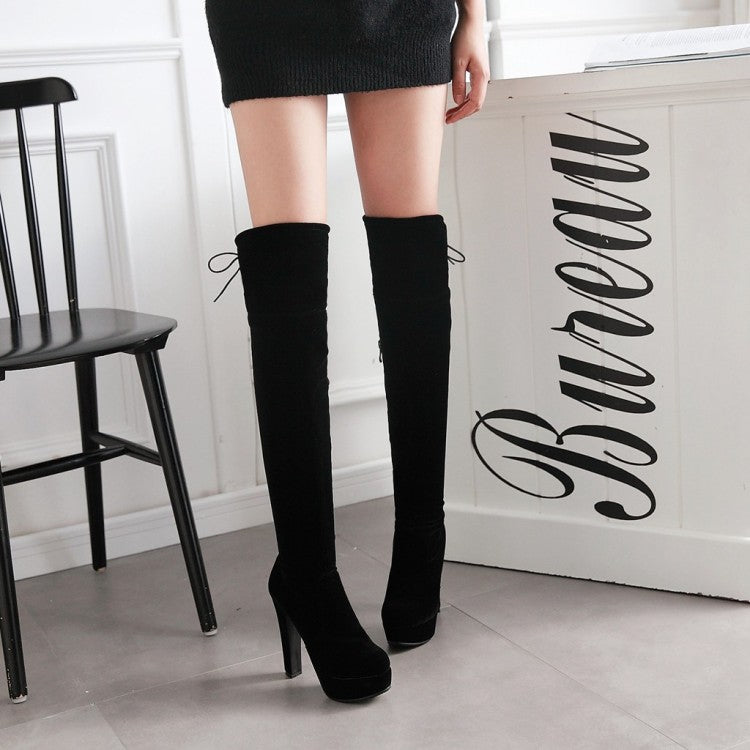 Women Suede Round Toe Back Tied Side Zipper Platform Chunky Heel Over the Knee Boots