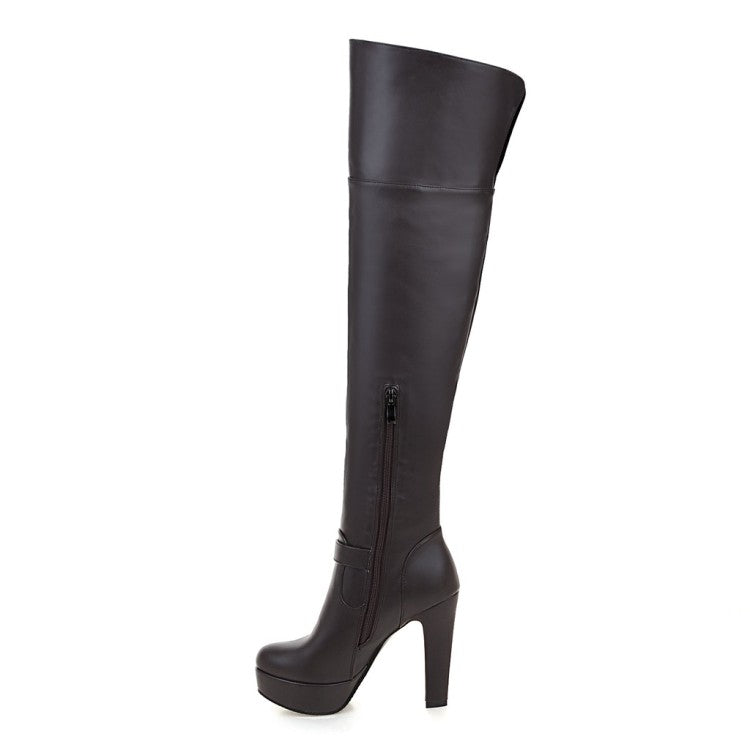 Women Pu Leather Side Zippers Belts Buckles Chunky Heel Platform Over the Knee Boots
