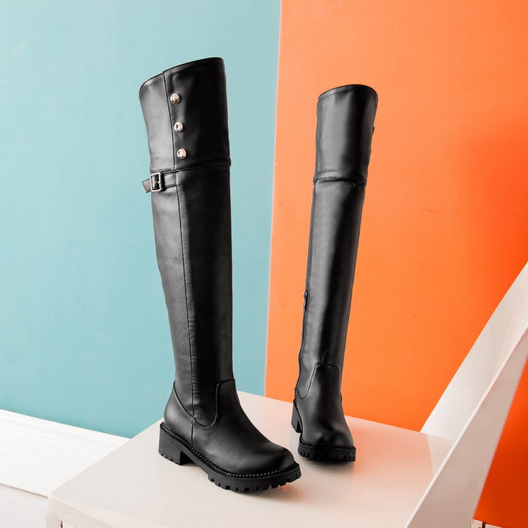 Woman Buckle Middle Heel Knee High Boots