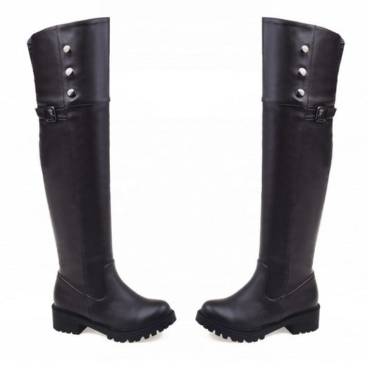 Woman Buckle Middle Heel Knee High Boots