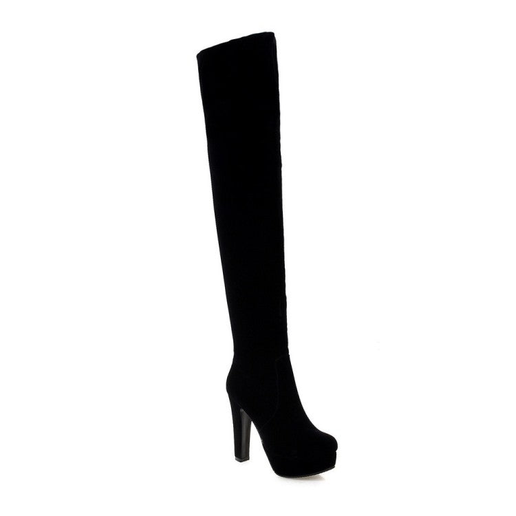 Women Suede Round Toe Side Zippers Chunky Heel Platform Over the Knee Boots