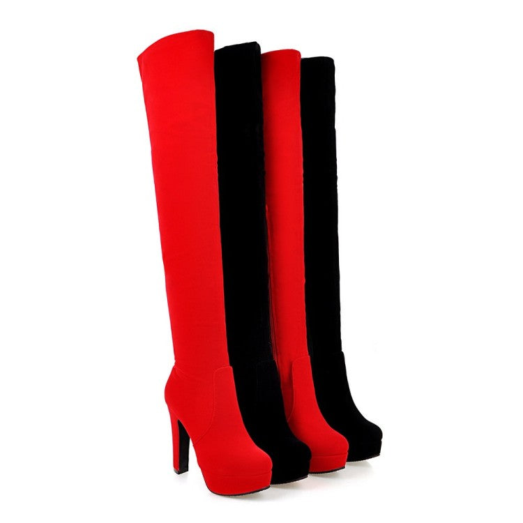 Women Suede Round Toe Side Zippers Chunky Heel Platform Over the Knee Boots