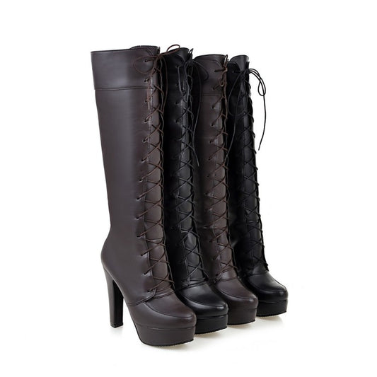 Women Pu Leather Round Toe Lace Up Chunky Heel Platform Knee High Boots