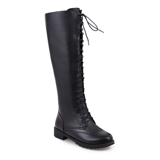 Women Pu Leather Round Toe Low Heel Lace Up Knee High Boots