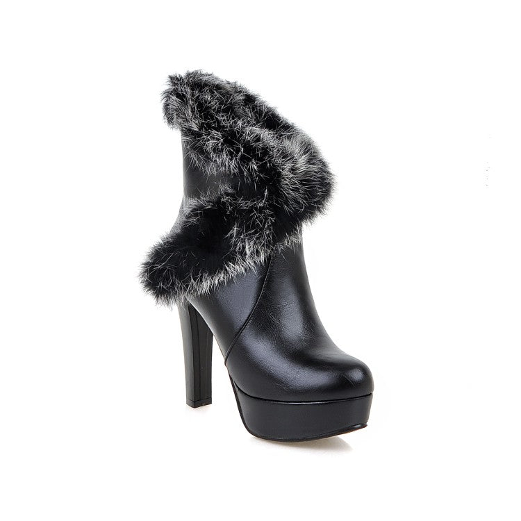 Woman Pu Leather Round Toe Fur Chunky Heel Platform Short Boots
