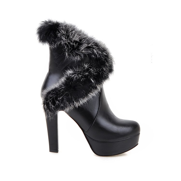 Woman Pu Leather Round Toe Fur Chunky Heel Platform Short Boots