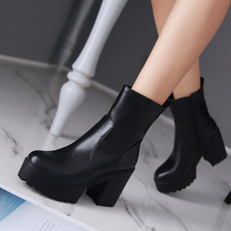 Woman Pu Leather Round Toe Block Heel Platform Short Boots