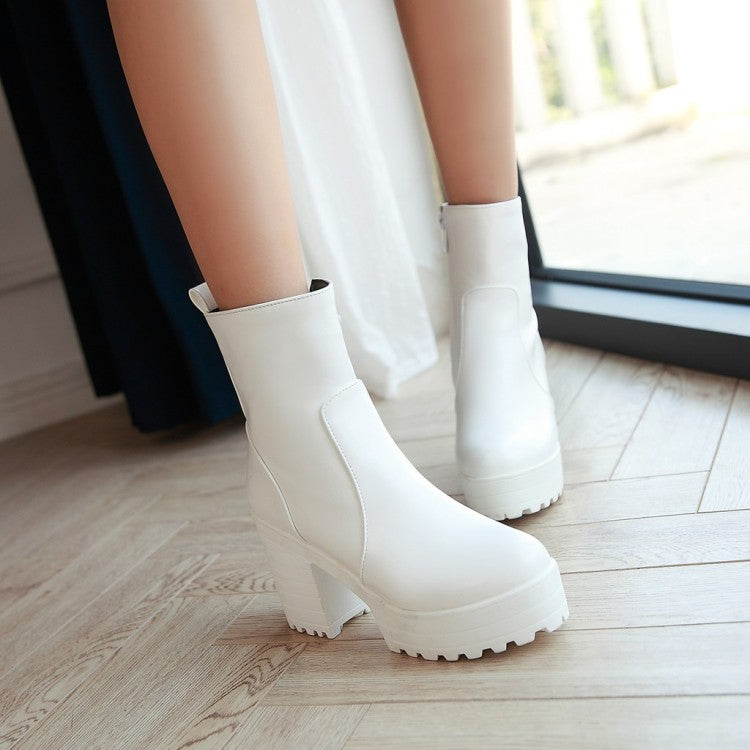 Woman Pu Leather Round Toe Block Heel Platform Short Boots