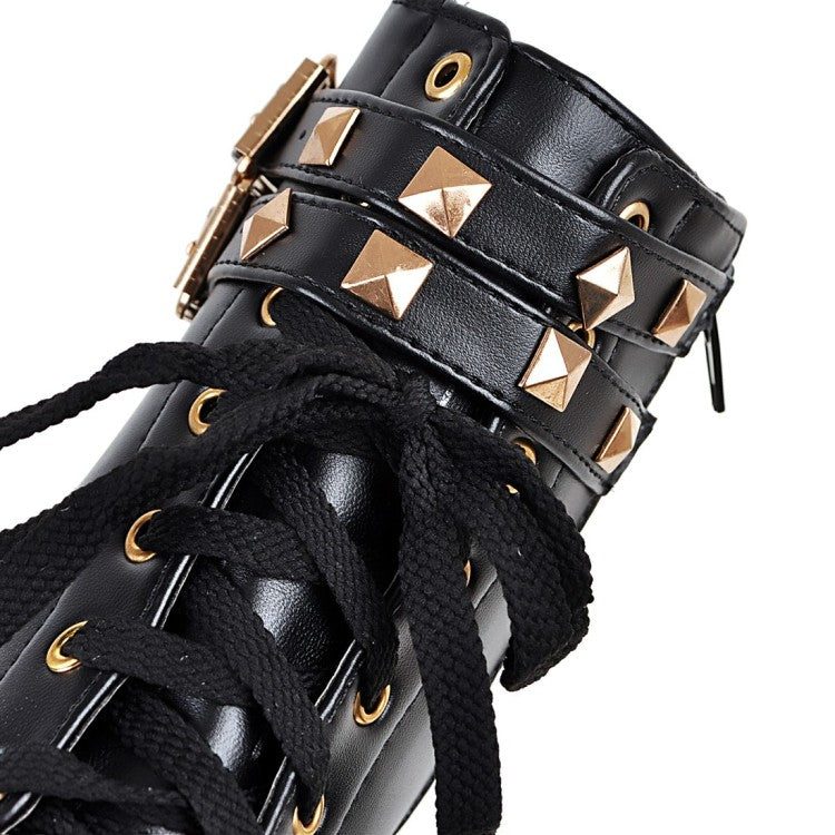 Women Pu Leather Belts Buckles Lace Up Block Heel Platform Ankle Boots