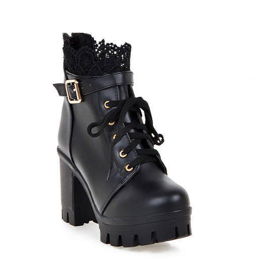 Women Round Toe Lace Up Lace Chunky Heel Platform Ankle Boots