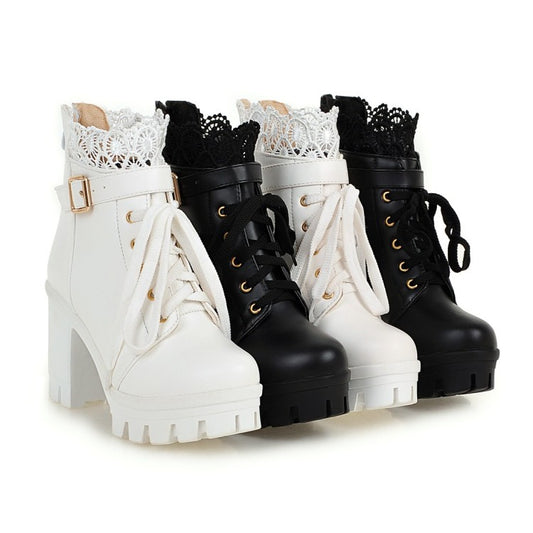 Women Round Toe Lace Up Lace Chunky Heel Platform Ankle Boots