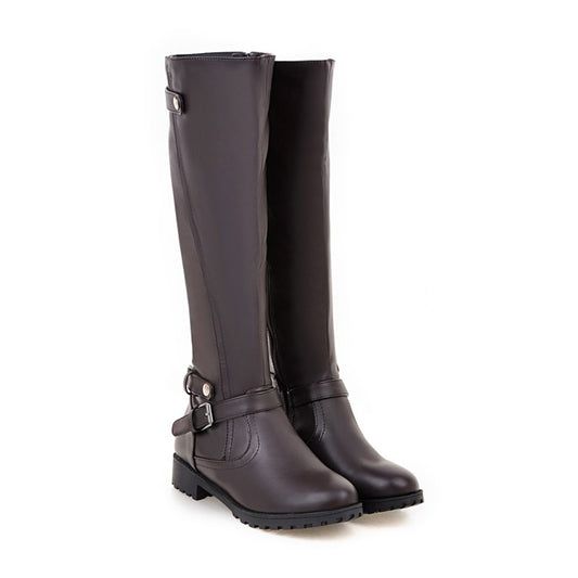Women Pu Leather Round Toe Side Zippers Low Heel Knee High Boots