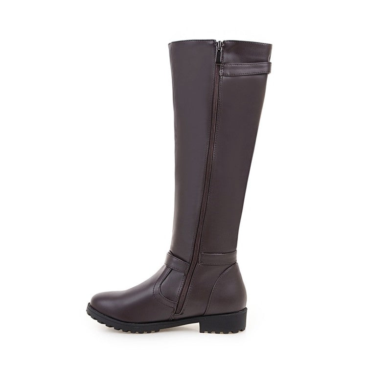Women Pu Leather Round Toe Side Zippers Low Heel Knee High Boots