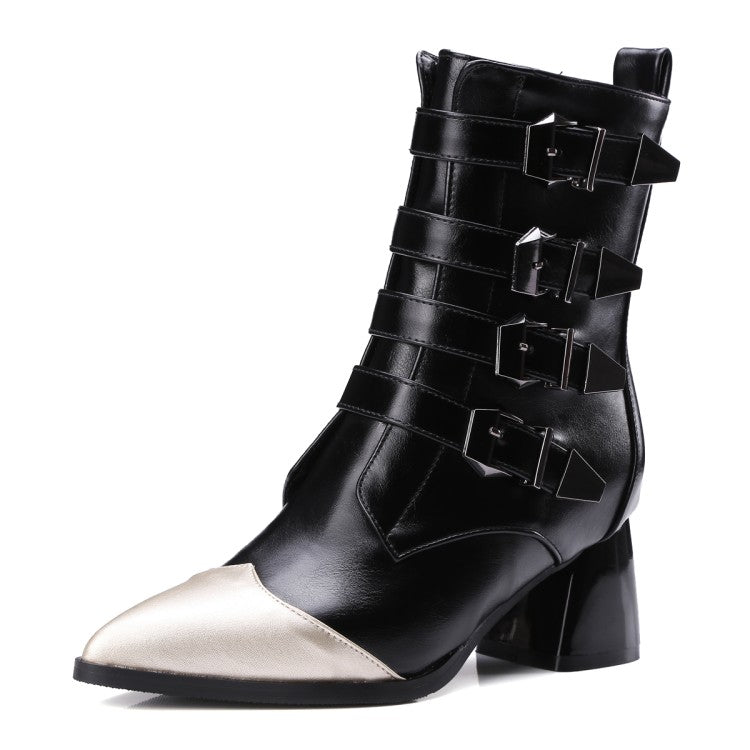 Woman Bicolor Pointed Toe Buckle Belts Block Chunky Heel Short Boots