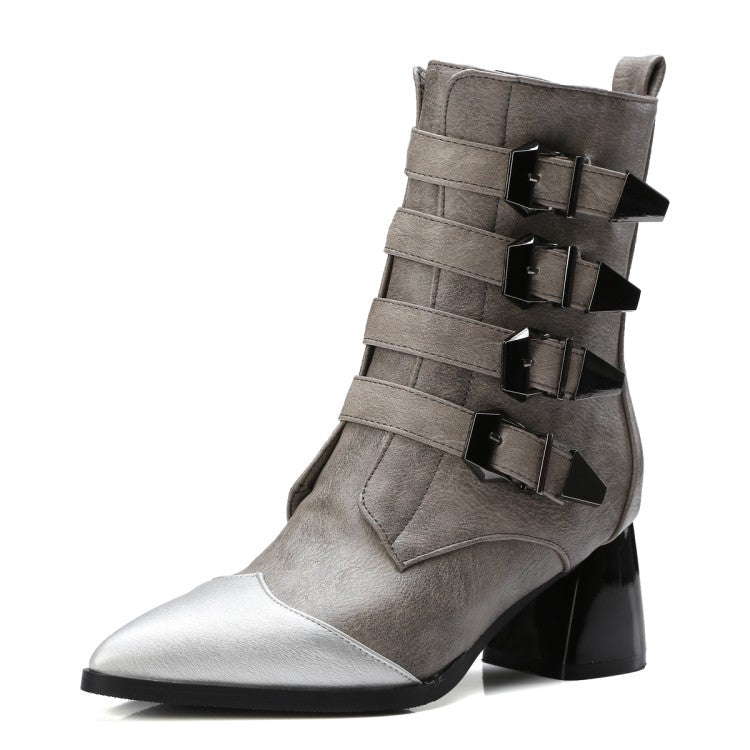 Woman Bicolor Pointed Toe Buckle Belts Block Chunky Heel Short Boots
