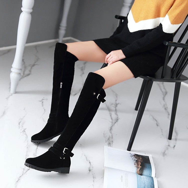 Women Frosted Belts Buckles Round Toe Side Zippers Knee High Boots