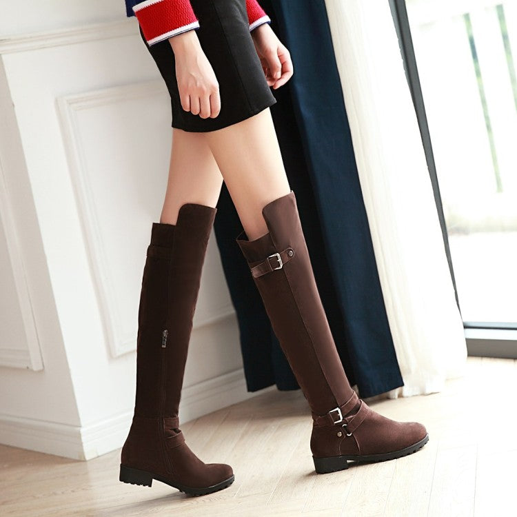 Women Frosted Belts Buckles Round Toe Side Zippers Knee High Boots