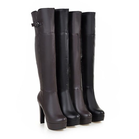 Women Pu Leather Belts Buckles Chunky Heel Platform Over the Knee Boots