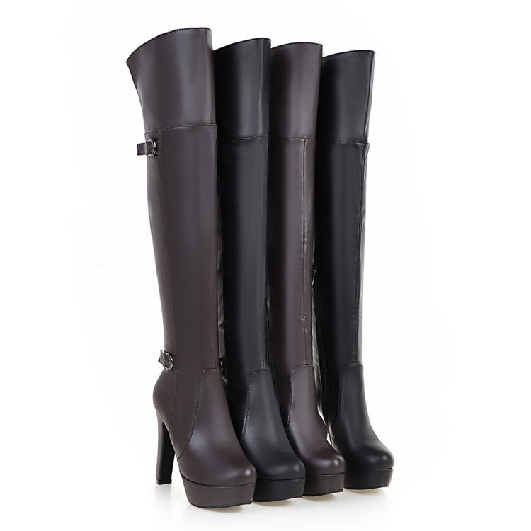 Women Pu Leather Side Zippers Platform Chunky Heel Over the Knee Boots