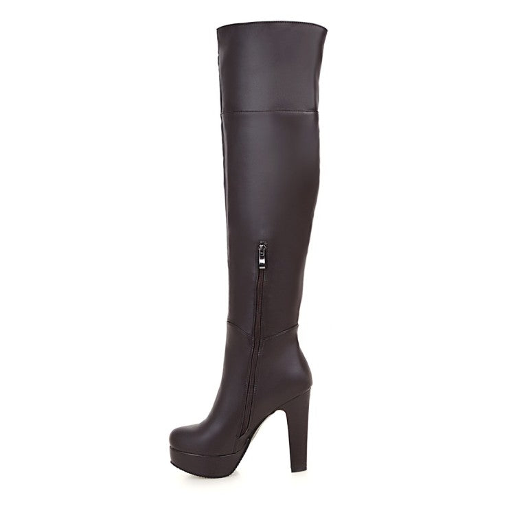 Women Pu Leather Belts Buckles Side Zippers Chunky Heel Platform Over the Knee Boots