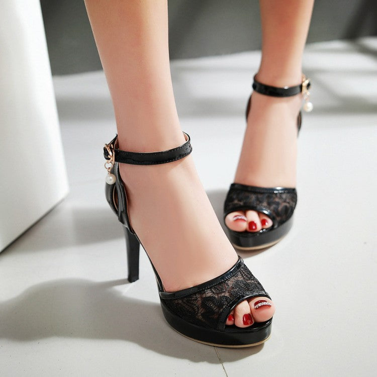 Women Mesh Rhinestone Pearls Stiletto High Heel Platform Sandals