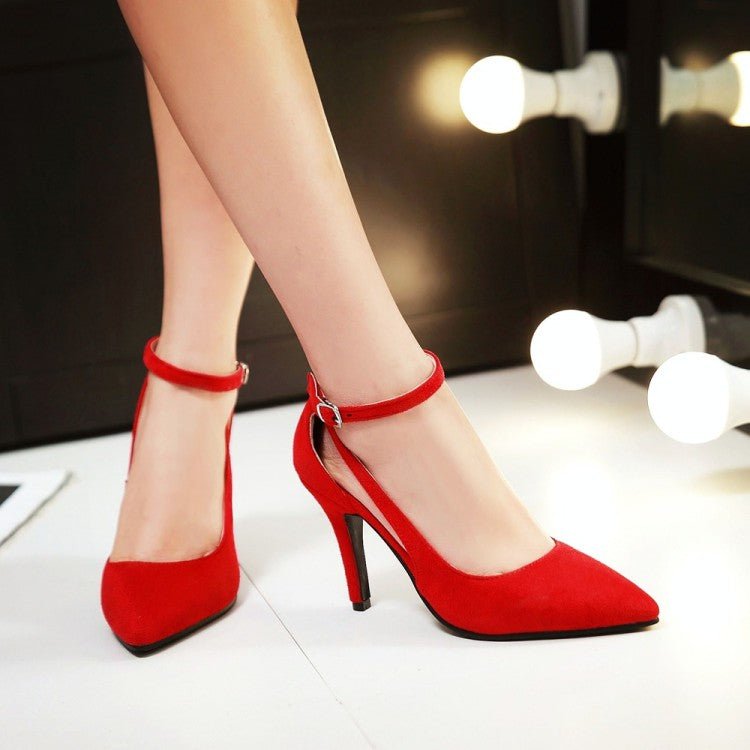 Women Pointed Toe Frosted Ankle Strap Buckle Stiletto High Heel Sandals