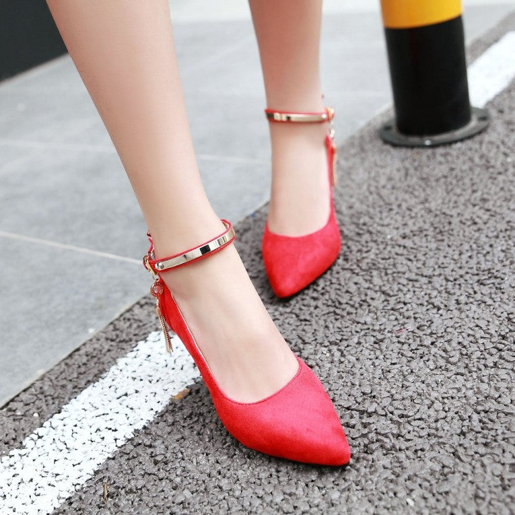 Pointed Toe Metal Ankle Strap Woman High Heels Stiletto Pumps