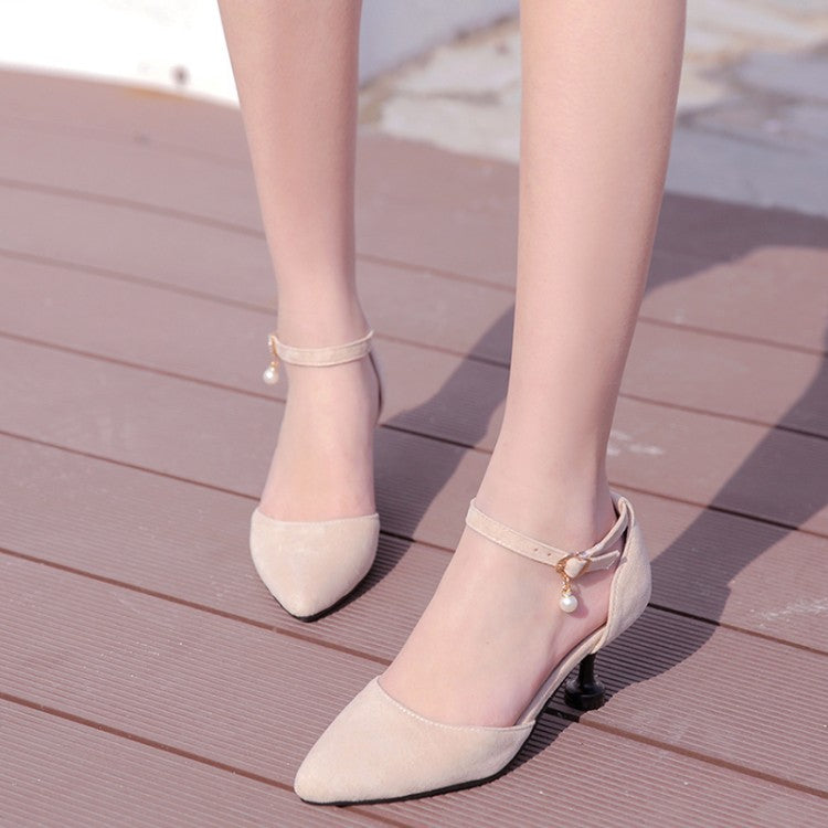 Woman High Heels Suede Ankle Strap Pearls Spool Heel Stiletto Sandals