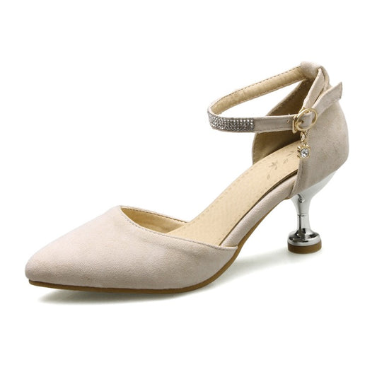 Woman High Heels Suede Fabric Pointed Toe Ankle Strap Rhinestone Medium Heel Stiletto Sandals
