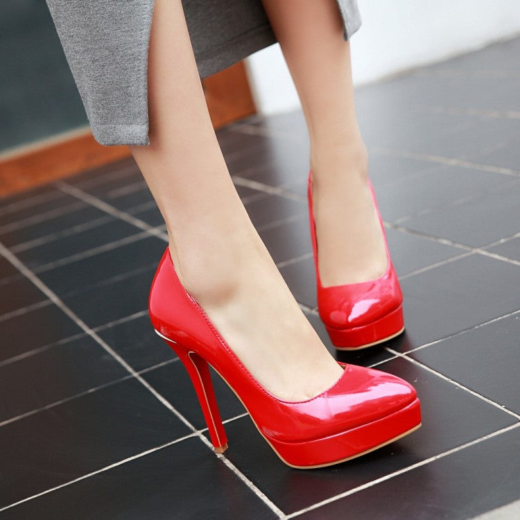 Women Glossy Pointed Toe Stiletto Heel Platform Pumps