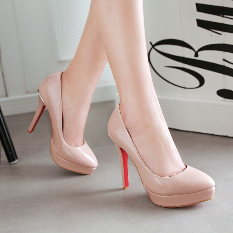 Women Glossy Pointed Toe Stiletto Heel Platform Pumps