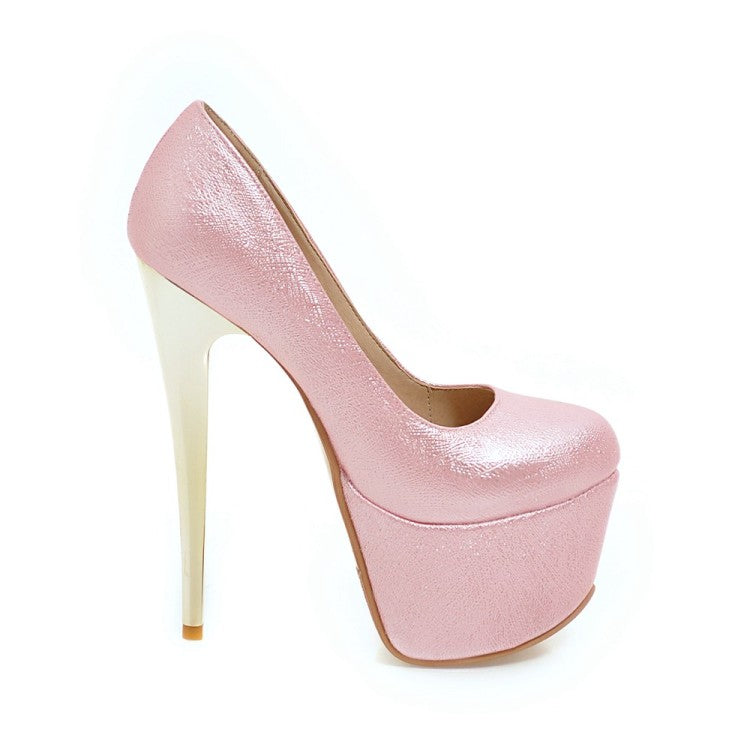 Women Glossy Almond Toe Stiletto Heel Platform Pumps Wedding Shoes