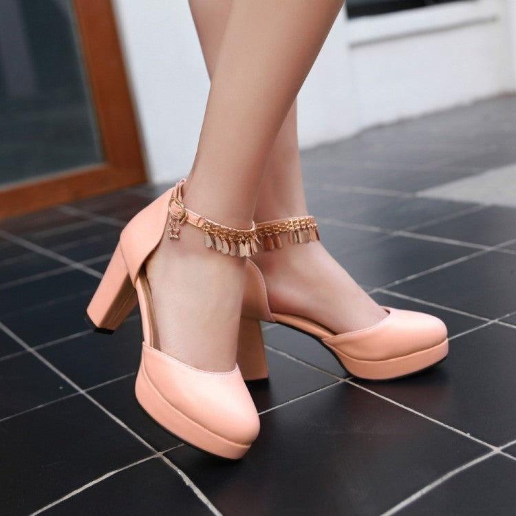 Women Solid Color Round Toe Metal Decor Ankle Strap Chunky Heel Platform Sandals