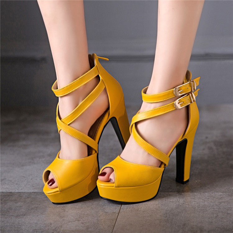 Women Solid Color Peep Toe Hollow Out Cross Ankle Strap Chunky Heel Platform Sandals