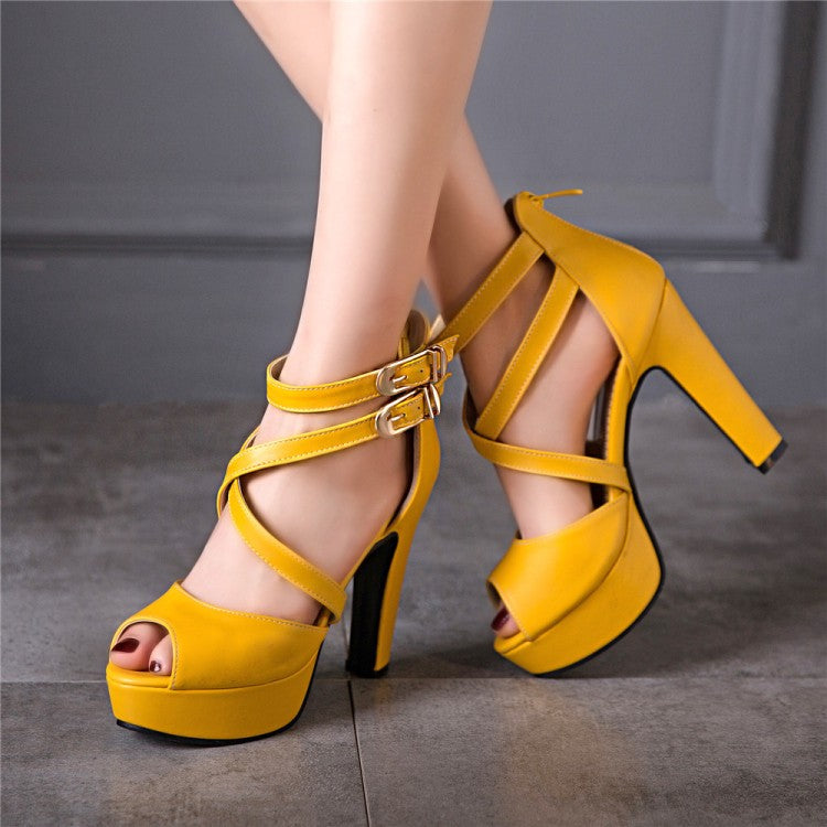 Women Solid Color Peep Toe Hollow Out Cross Ankle Strap Chunky Heel Platform Sandals